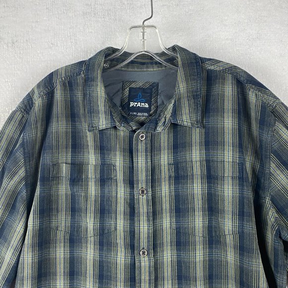 Prana Shirt Adult XL Holton Long Sleeve Button Up Green Blue Plaid Check Men - Picture 3 of 11
